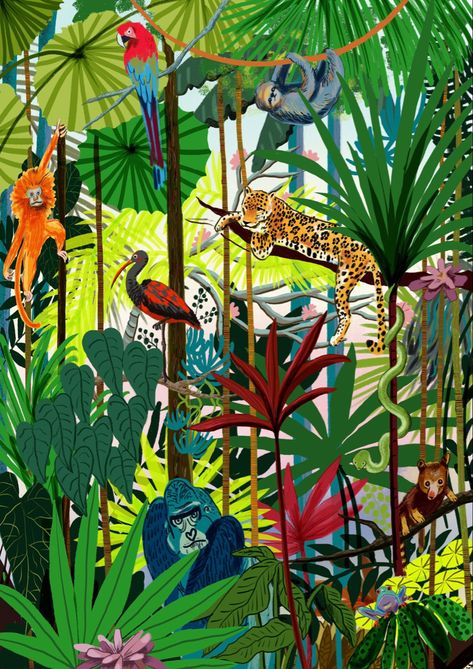 Tropical Animals Art, Tropical Rainforest Illustration, Rainforest Illustration Art, Jungle Painting Ideas, African Jungle Art, Rainforest Animals Drawings, Rainforest Painting Easy, Rain Forest Illustration, Jungle Art Painting