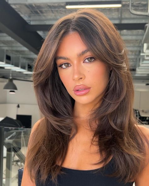 Caramel Highlights on Espresso long layers, 90s layered haircut with curtain bangs Rambut Brunette, Dark Brunette Hair, Brown Hair Looks, Hair Inspiration Long, Brown Hair Inspo, 90s Hairstyles, Haircuts For Medium Hair, Hair Color And Cut, Hair Inspo Color