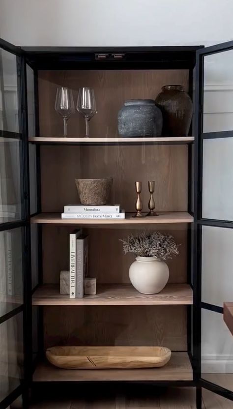 Black Bookcase Aesthetic, Black Shelf Styling, Book Case Ideas Living Room Decor, Cb2 Bookshelf Styling, Black Bookcase Styling, Black Book Shelf Aesthetic, Book Case Ideas Living Room, Book Case Ideas, Black And Natural Wood Bookcase