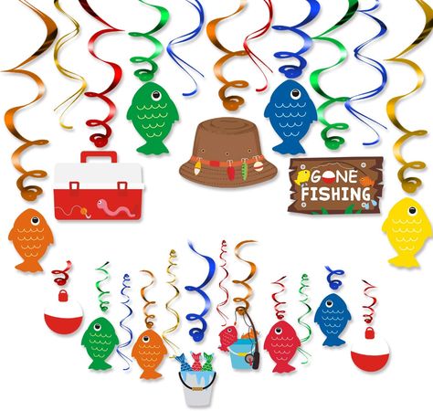 AmazonSmile: 30CT Gone Fishing Party Hanging Swirl Decorations Kit Little Fisherman The Big One Birthday Baby Shower Photo Props Summer Reel Fun Ideas Ceiling Door Foil Whirls Streamers Supplies: Toys & Games Summer Pool Party Decorations, Fishing Party Favors, Gone Fishing Party, The Big One Birthday, Fishing Baby Shower Theme, Baby Shower Fishing, Fishing Birthday Party, Pool Party Decorations, Fishing Party