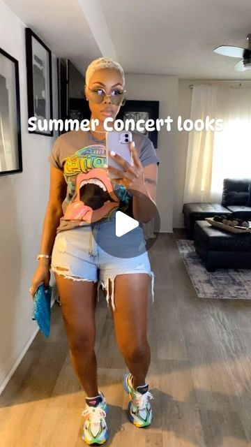 Yolanda W. on Instagram: "Janet Jackson concert ready! 💋 @target tshirt @walmart shorts clutch bag from @amazon" Hot Outdoor Concert Outfit, Festival Outfits Black Women Summer, Miami Concert Outfits, Tshirt And Shorts Outfit Women, Sneakers Concert Outfit, Hip Hop Concert Outfit Summer, Hip Hop Concert Outfit Ideas, Gold Sneakers Outfit, Sneakerball Outfits Women