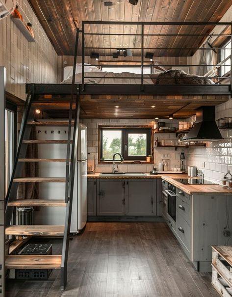 Tiny House Corner Mezzanine Decor, Cozy Tiny House Interior, Tiny House Corner Kitchen, 2 Story Tiny House Interior, Tiny House Dining Area, Living Room Mezzanine, Tiny House Kitchens, Tiny House Kitchen Under Loft, Tiny Home Loft Stairs