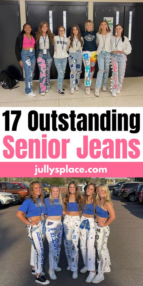 Senior Jeans White Senior Jeans Painted, School Pride Outfit Ideas, Hoco Spirt Jeans, Seniors Painted Jeans, Painted Jeans For Seniors, Senior Denim Jeans, Senior Cords Pants Ideas, How To Make Senior Jeans, Painted Jeans Seniors