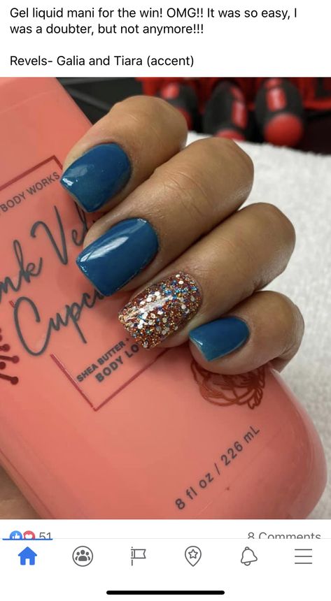 Fall Blue Dip Nails, Deep Teal Nails Fall, November Blue Nails, Burnt Orange And Navy Nails, Fall Turquoise Nails, Nail Ideas Biab, Late Summer Nails Color Dip, Blue November Nails, Short Nail Designs Fall 2022