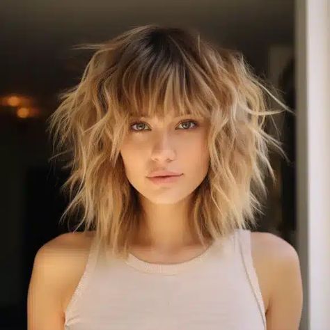 Shaggy Haircut For Thick Wavy Hair, Shag Collar Bone Length Hair, Alternative Mid Length Haircuts, Medium Length Blonde Shag Haircut, Lob Haircut With Wispy Bangs, Med Shaggy Haircuts, Shag Bobs For Fine Hair, Shaggy Lob With Fringe, Short Shag Hairstyles Round Face