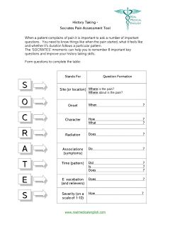 Real Medical English: History Taking - The Socrates Pain Assessment Tool Patient History Taking, Paramedic Study, Pain Assessment Tool, Patient Assessment, Pain Assessment, Medical Questions, Western Philosophy, History Taking, Personal Questions