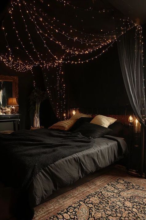 Black Bedroom With Black Ceiling, Soft Goth Bedroom Aesthetic, Master Bedrooms Decor Cozy Romantic Dark, Canopy Bed With Lights, Cozy Black Bedroom, Canopy Bed Black, Bedroom Ideas Moody, Dark Romantic Bedroom, Dark Boho Bedroom