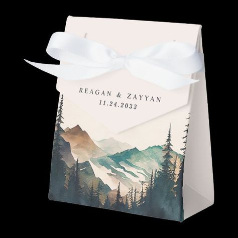 Watercolor Mountains Pine Forest Wedding Favor Boxes Pine Forest Wedding, Mountain Theme Wedding, Forest Wedding Favors, Glacier Wedding, Watercolor Pine Tree, Tree Mountain, Wedding Favor Box, Wedding Kit, Mountain Top Wedding