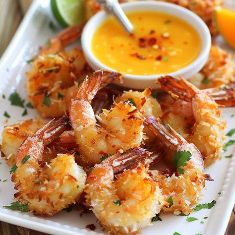 🍤 Indulge in tropical flavors with our Coconut Shrimp and Spicy Mango Sauce! 🌴 #TropicalTaste Coconut Shrimp with Spicy Mango Dipping Sauce Ingredients: Shrimp, peeled and deveined (1 lb) Shredded coconut (1 cup) Flour (1/2 cup) Eggs (2, beaten) Mango, diced (1 cup) Honey (1 tbsp) Lime juice (1 tbsp) Chili flakes (1 tsp) Instructions: Coat shrimp in flour, dip in eggs, then coconut. Fry until golden. Blend mango, honey, lime juice, and chili for sauce. 🏝️ Bring the beach to your kitchen w... Mango Dipping Sauce, Canapes Recipes, Plating Ideas, Mango Sauce, Asian Slaw, Instagram Recipes, Twisted Recipes, Fresh Kitchen, Mango Coconut