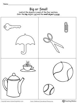 Comparing Objects Sizes Big and Small : Teach your preschooler the concept of big and small with this printable math worksheet. To complete the exercise your child will compare the shapes and identify which is small and which big. Nursery Worksheets, Preschool Tracing, Preschool Math Worksheets, Free Preschool Worksheets, Worksheets Preschool, Printable Preschool Worksheets, English Worksheets For Kids, Printable Math Worksheets, Math Printables