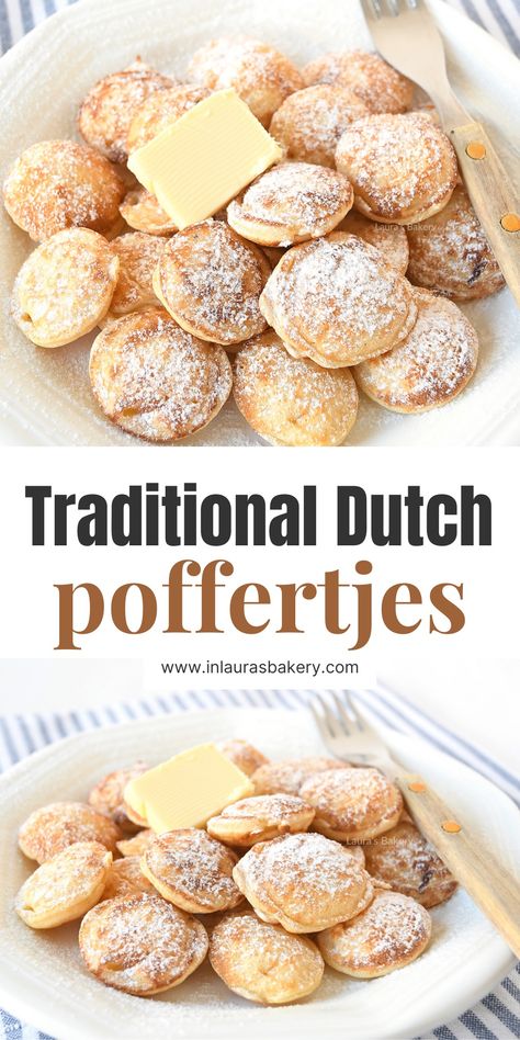 Easy Dutch mini pancakes recipe (poffertjes) – No Yeast – https://www.inlaurasbakery.com/poffertjes-dutch-mini-pancakes/ Dutch Poffertjes, Dutch Baking, Dutch Pancakes Recipe, Poffertjes Recipe, Traditional Dutch Recipes, Mini Pancakes Recipe, Dutch Desserts, Dutch Butter Cake, Dutch Cuisine