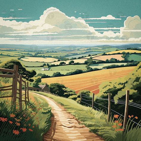 Rural Landscape in England General Aesthetic, Countryside Landscape, Rural Landscape, Landscape Illustration, Colorful Landscape, Buy Prints, Colorful Paintings, Us Images, In Summer