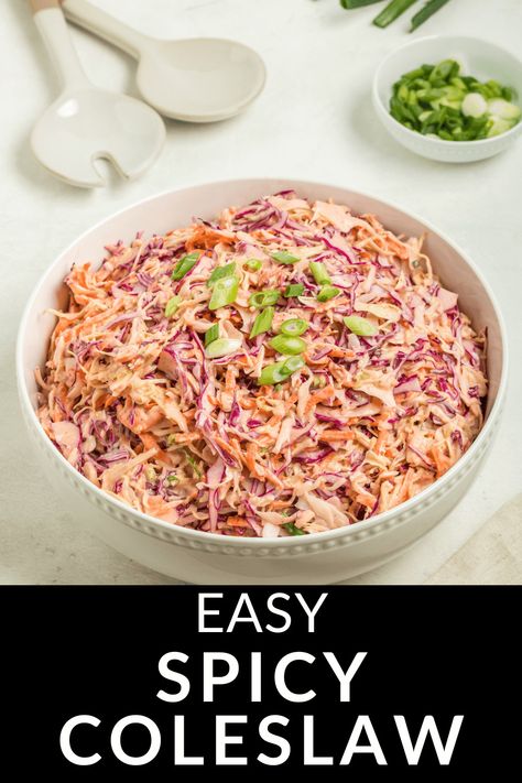 This Spicy Coleslaw takes regular coleslaw and adds a hint of spice with some sriracha. It's a unique, 2 step dish to bring to a potluck or to have with any meal this summer! Spicy Slaw For Pulled Pork, Spicy Coleslaw Dressing, Slaw For Pulled Pork, Coleslaw For Pulled Pork, Spicy Coleslaw, Homemade Slaw, Spicy Burger, Slaw Dressing, Summer Potluck