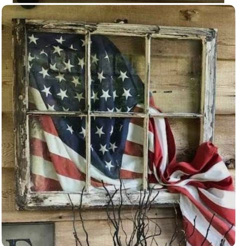 Old Window With Flag, Patriotic Furniture, Barn Decorating Ideas, Flag Display Ideas, Fouth Of July Crafts, Flag Ideas, Rustic Wood Projects, Window Crafts, American Flag Decor