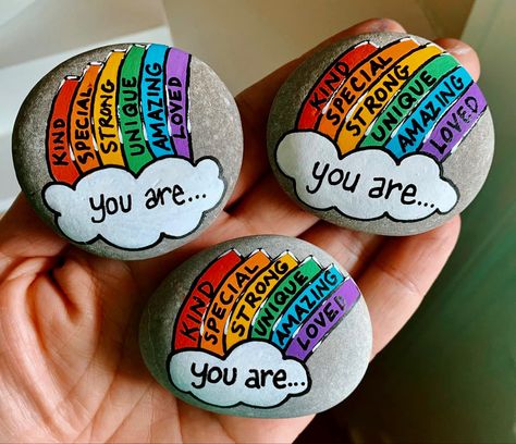 Rock Painting Ideas For Friends, Kindness Rocks Ideas Easy, Lgbtq Art Ideas, Rainbow Rock Painting, Happy Stones, Friend Painted Rocks, Friend Rocks Painted Stones, Positive Affirmation Rocks, Lgbtq Rock Painting