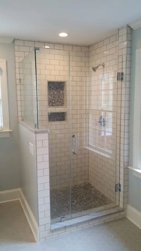 Frameless Glass Showers - FAQ Enclosed Shower Ideas Half Walls, Small Enclosed Shower Ideas, Glass Shower Enclosures Half Walls, Vanity Next To Glass Shower Wall, Two Sided Glass Shower Enclosure, 2 Sided Glass Shower Enclosure, Single Shower Stall Ideas, Shower With Half Wall And Glass Door, Glass Enclosed Showers