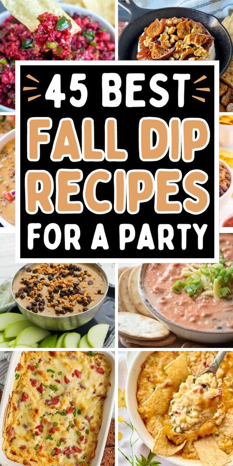 The best fall dip recipes for parties and potlucks, including warm dip and cold dip recipes that you can make ahead for a party, movie night, Halloween, or Thanksgiving. Easy Fall Potluck Ideas, October Appetizers, Fall Dips For Parties, Fall Party Dips, Party Snacks For A Crowd, Savory Dip Recipes, Recipes For A Potluck, Bonfire Party Food, Fall Dips