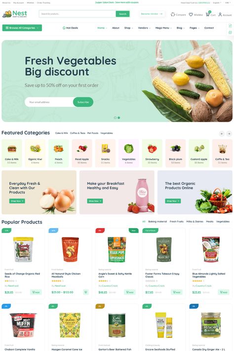 Nest is the perfect WooCommerce WordPress theme for grocery stores and businesses looking to sell food online. With its intuitive user interface and high converting design, Nest is the perfect choice for businesses looking to expand their online presence. This theme includes a variety of features to help you customize and tailor your online store, such as a drag-and-drop page builder and customizable widgets. Grocery Website Design, Woocommerce Website Design, Food Store Design, Food Website Design Inspiration, Grocery Store Website, Online Store Web Design, Grocery Website, Marketplace Design, Food Website Design