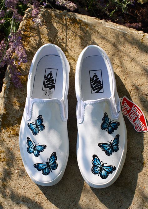 Custom shoes 100% hand painted by me. Check out @ customized.bymalia on Instagram & Facebook to see more of my work or place an order! Customized Vans Ideas, White Vans Custom Ideas, Paint Vans Shoes Diy, Painted White Vans, Custom Painted Shoes Ideas, Hand Painted Shoes Ideas, Painting Vans, Butterfly Vans, Vans Ideas