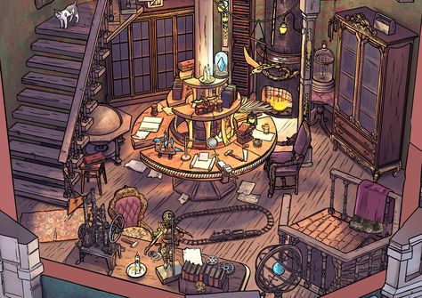 Fantasy Workshop Concept Art, Wizard Tower Interior, Wizard Workshop, Fantasy Workshop, Anime Wizard, Workshop Drawing, Tower Interior, Magic Workshop, Magical Workshop