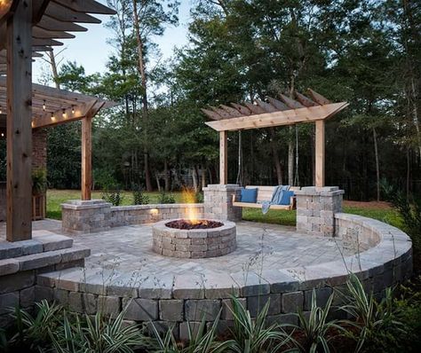 Outdoor Fire Pit Ideas With Swings, Firepits And Pool Backyard Ideas, Firepits Backyard Cement, Fire Pit On Patio Ideas, Large Bonfire Pit Ideas, Florida Fire Pit Ideas, Patio Around Fire Pit, Outside Sitting Area With Fire Pit, Luxury Fire Pit Ideas Backyard