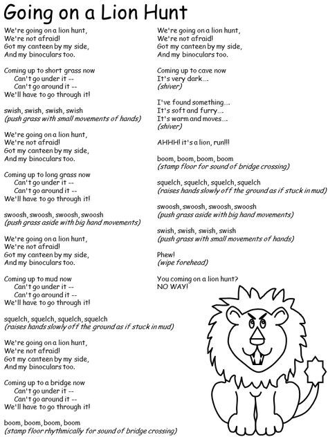 Going on a Lion Hunt..UHOH Lion Songs For Preschoolers, Going On A Lion Hunt, Girl Scout Songs, Preschool Jungle, Animal Songs, Lion Games, Children Songs, Campfire Songs, Circle Time Songs