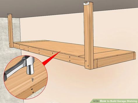 3 Ways to Build Garage Shelving - wikiHow Shelves From Ceiling, Store Christmas Lights, Diy Overhead Garage Storage, Garage Hanging Storage, Hanging Garage Shelves, Build Garage, Suspended Shelves, Garage Ceiling Storage, Garage Storage Inspiration