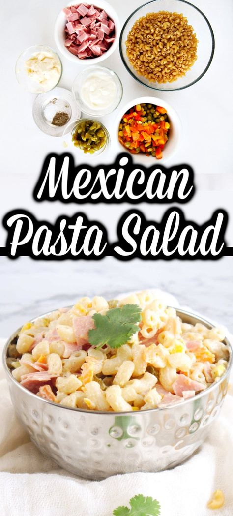 Are you craving a simple summer salad that is going to please your taste buds? This Mexican Pasta Salad is not only simple to make but it's tasty, too. This Mexican Street Corn Pasta Salad is one of my favorite dishes to make during an outdoor gathering or BBQ. #pastasalad #mexicanpastasalad #macaronisalad #macaronihamsalad Mexican Macaroni Salad Recipe, Pasta Mexicana, Mexican Pasta Salad Recipes, Macaroni Salad With Ham, Mexican Macaroni, Mexican Macaroni Salad, Mexican Street Corn Pasta Salad, Mexican Street Corn Pasta, Street Corn Pasta Salad