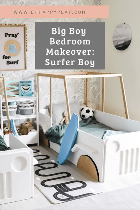 Big Boy Bedroom Makeover: Beach / Surfer Themed Surf Toddler Room, Toddler Surf Bedroom, Surf Decor Bedroom, Floor Bed For Toddler, Diy Floor Bed, Twin Boys Nursery, Toddlers Bedroom, Surfer Room, Diy Jeep