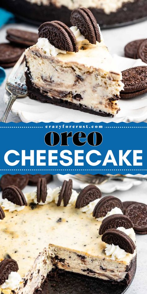 Oreo Cheesecake is a creamy cheesecake recipe full of cookies ‘n cream flavor with an Oreo Cookie Crust. It’s a perfectly baked cheesecake that you’re going to love. Cheesecake Recipes With Oreo Crust, Oreo Cheesecake Crust Recipe, Cheesecake Crust Recipe, Cheesecakes Recipes, Cheesecake Ideas, Creamy Cheesecake Recipe, Oreo Cheesecake Recipes, Cookies N Cream, Baked Cheesecake