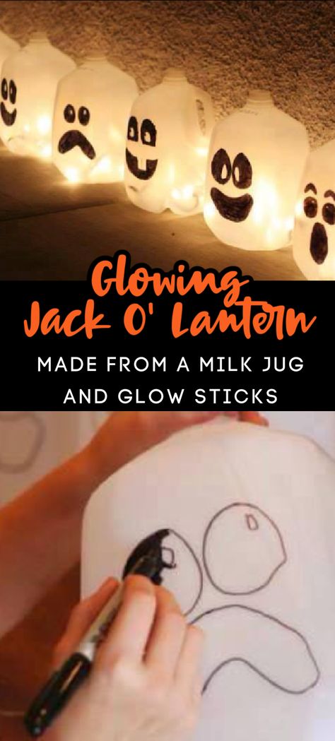 You Can Make Jack O' Lanterns Out Of Milk Jugs And Glow Sticks And They Are Creepy Cool Milk Jug Pumpkin Craft, Milk Jug Pumpkins, Milk Jug Lights Lanterns, Milk Jug Ghosts Halloween Decorations, Milk Jug Lanterns, Glow Stick Halloween Decorations, Milk Jug Snowman, Halloween Glow Stick Ideas, Milk Carton Ghosts Glow Sticks