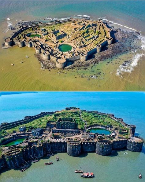 Weird & Wonderful Wonders | Janjira Fort, located off the coast of Murud in Maharashtra, India, stands as a formidable symbol of invincibility | Facebook Janjira Fort, Maharashtra Forts, Arabian Sea, Unique Buildings, Ancient India, Interesting Reads, Abandoned Buildings, Weird And Wonderful, Wooden Art