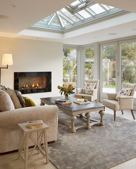 WESTBURY GARDEN ROOMS on Instagram: “Is anyone else obsessed with watching and listening to the wind blowing outside? Especially when the fire is going and you're in the…” Open Plan Sitting Room, Orangery Sitting Room, Dining Room With Garden View, Orangery Extension Living Room, Sage Conservatory, Sitting Room Extension Ideas, Orangery With Fireplace, Open Plan Country Kitchen, Orangery Furniture Ideas