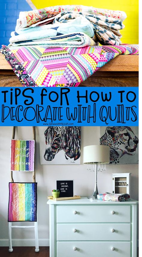 Decorating with quilts can be intimidating. Click through for tons of ideas for using your quilts to decorate. Plus watch my full interview with an interior designer for lots of great tips and ideas for decorating with quilts. How To Display Quilts In Your Home, Quilt Decor, Decorating With Quilts, Quilts Decor, Ideas For Decorating, Handmade Quilts, Sewing Embroidery, How To Decorate, Quilt Sewing