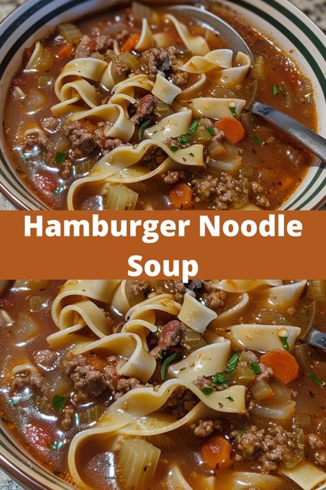 If you’re looking for a warm and comforting dish that’s simple to make and full of flavor, Hamburger Noodle Soup is the perfect choice. This one-pot meal combines tender ground beef, savory beef broth, diced tomatoes, and a variety of vegetables with hearty egg noodles, making it a delicious and filling option for busy weeknights. It’s quick to prepare, satisfying, and a family-friendly favorite. Homemade Beef Soup, Tomato Beef Noodle Soup, Hamburger Egg Noodles, Soup Recipes Using Hamburger, Meaty Soups Recipes, Noodles And Ground Beef Soup, Easy Beef Noodle Soup, Hamburger Meat Vegetable Soup, Simple Hamburger Soup