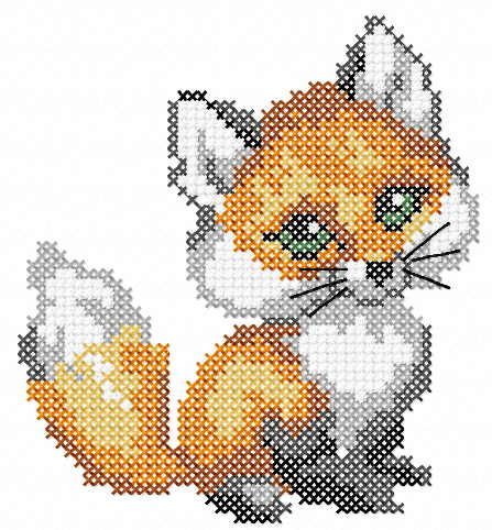 A cute animal that will decorate a children's shirt or pillow in a nursery. Made in the classic technique of cross stitch.  Size: 3.86 x 4.25" Stamped Cross Stitch Kits, Fox Cross Stitch, Cross Stitch Beginner, Nursery Cross Stitch, Textile Art Embroidery, Angel Drawing, Animal Cross Stitch Patterns, Pola Kristik, Beaded Cross Stitch