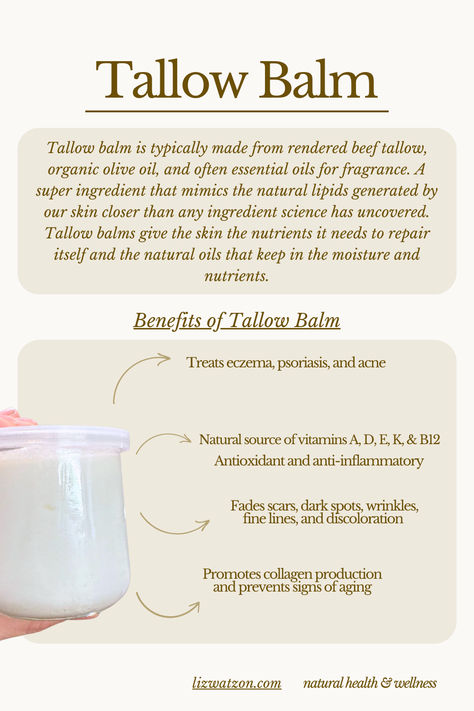 Unlock the Power of Tallow Balm! 🌿From deep hydration to soothing skin irritation #TallowBalm #NaturalSkincare #HealthySkin"  What is Tallow Balm? This image shows what tallow balm is made of and used for, along with the benefits of Tallow Balm.  I have linked a very good Tallow Balm product available for purchase, I use one that is locally home-made and this is an amazing alternative. What Is Tallow, Beef Tallow Aesthetic, Benefits Of Tallow Skin Care, Tallow Balm Recipe For Face, Benefits Of Tallow, Beef Tallow Face Cream Benefits, Whipped Beef Tallow Face Cream, Benefits Of Beef Tallow For Skin, Tallow Benefits Skin Care