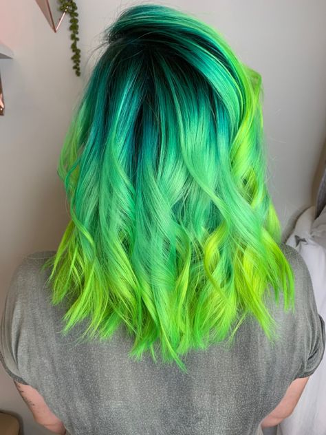 Vivid Green Hair, Lime Green And Blonde Hair, Neon Green Ombre Hair, Neon Ombre Hair, Green Vivid Hair Color, Ombré Green Hair, Ombre Vivid Hair Color, Blue To Green Ombre Hair, Blue And Green Hair Ombre