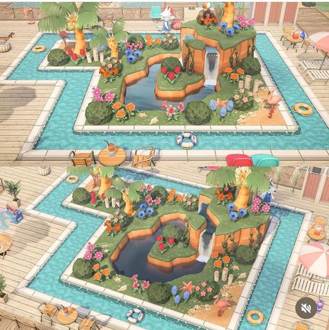 Animal Crossing Lazy River, Acnh Water Park, Acnh Lazy River, Acnh River, Acnh Park, Cottagecore Animal Crossing, Acnh Cottagecore, Water Island, Lazy River