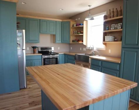 Butcher Block Countertops Green Cabinets, Oak Butcher Block Countertops, Butcher Block Kitchen Island, Kitchen Island Tops, Butcher Block Island Kitchen, Restaurant Table Tops, Butcher Block Table, Butcher Block Wood, Butcher Block Island