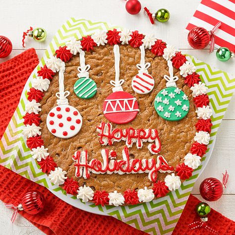 Deck The Halls Cookie Cake Decorated Cookie Cake, Christmas Cookie Cake, Mrs Fields, Cookie Cake Designs, Christmas Themed Cake, Homemade Cookie, Christmas Cake Designs, Cookie Cakes, Giant Cookie