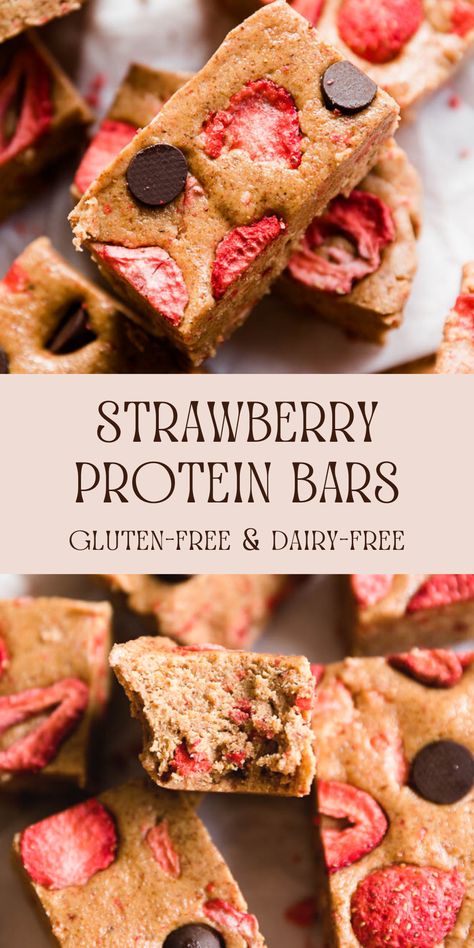 Healthy Strawberry Protein Bars are soft, chewy, and don't require any baking! They're made with wholesome ingredients like almond butter, freeze dried strawberries, and vanilla collagen powder. The sweet strawberry flavor is perfect for spring and summer! Strawberry Protein Bar, Strawberry Protein Powder Recipes, Dehydrated Strawberries, Healthy Protein Bars, Strawberry Protein, Gluten Free Desserts Healthy, Healthy Granola Bars, Protein Bar Recipes, Healthy Strawberry