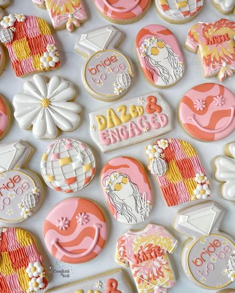 Dazed And Engaged Engagement Party, Groovy Bachelorette Cookies, Groovy Bride Bachelorette, Dazed And Engaged Bachelorette Cookies, Bachelorette Dazed And Engaged, Dazed And Engaged Bridal Shower Ideas, Dazed And Engaged Cookies, Engaged Cookies, Bach Cookies