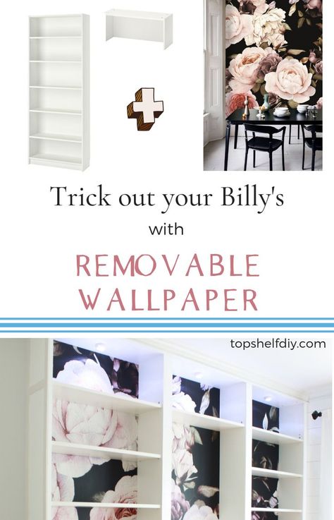 Learn how to add removable wallpaper to your Billy Bookshelves for a custom look! Full tutorial plus free downloadable checklist for your future project. #ikeabuiltin #billybookshelf #wallpaper Wallpaper In Bookshelves, Wallpaper Bookshelves, Bookshelves Styling, Painted Bookshelf, Billy Bookshelves, Wallpaper Bookshelf, Bookshelves Wall, Quick Home Improvements, Magic Room