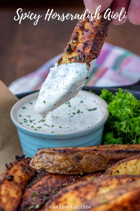 Horseradish Aioli Recipe, Horseradish Aioli, Homemade Kefir, Horseradish Recipes, Baked Potato Wedges, Fresh Horseradish, Aioli Sauce, Potato Wedges Baked, Aioli Recipe