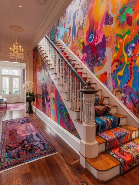 20+ Bohemian Staircase Designs to Elevate Your Home's Aesthetic - H.M.G Bohemian Staircase, Boho Staircase, Decorative Stairs, Stairs Painted, Boho Rooms, Tile Making, Office Vibes, Painted Staircases, Stair Makeover