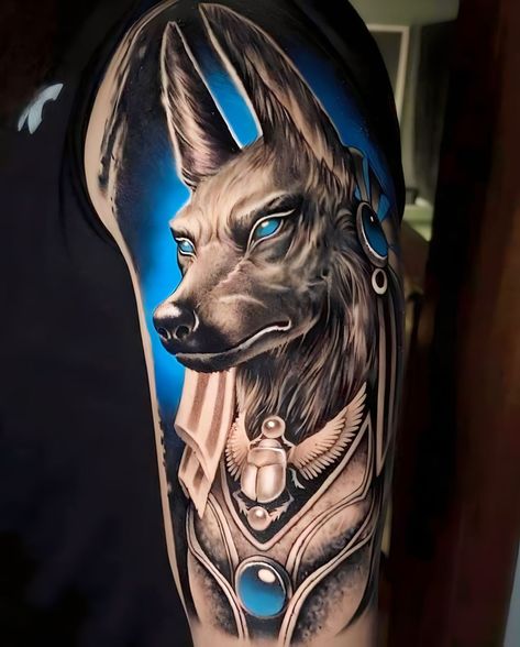 Tattoo Anubis, Oni Mask Tattoo, Gothic Tattoos, Dragon Tattoo Sketch, Pagan Tattoo, Science Tattoos, Neon Tattoo, Egyptian Tattoo Sleeve, Anubis Tattoo