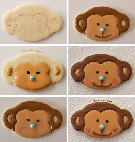 Monkey Cookies Monkey Cookies, Safari Cookies, Monkey Cake, Disney Cookies, Decorated Cookies Tutorial, Cookie Tutorials, Baby Cookies, Cookies For Kids, Fancy Cookies