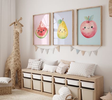 Cute Playroom Print Set of 3, Printable Wall Art, Cute Fruit theme Nursery Wall Decor, Kids room poster bundle, kawaii pastel colors prints Fruit Theme Bedroom, Fruit Themed Nursery, Cute Playroom, Wall Decor Kids Room, Baby Nurseries, Kids Room Poster, Fruits For Kids, Theme Nursery, Cute Fruit