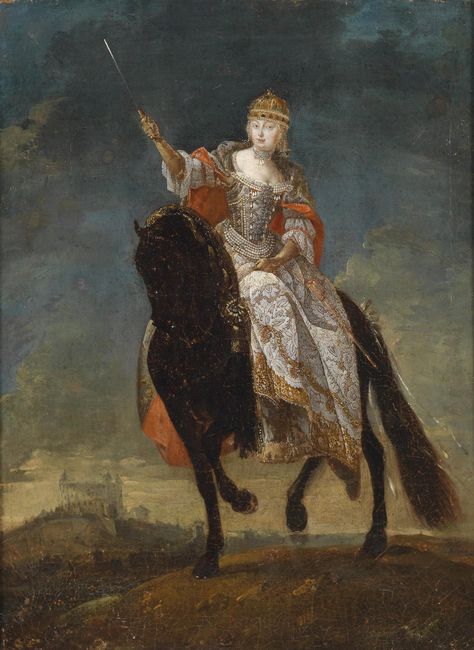 Empress Maria Theresa as Queen of Hungary looking faintly ridiculous in coronation regalia on her horse. Maria Theresa, Empire Romain, Holy Roman Empire, Vintage Painting, Figure Painting, Portrait Painting, Hungary, 18th Century, Find Art